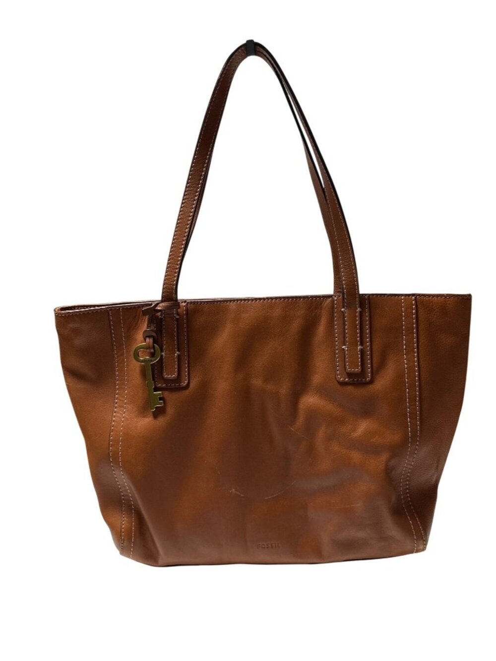 Fossil Emma Brown Leather Tote Bag With Key Accent & Double Handles